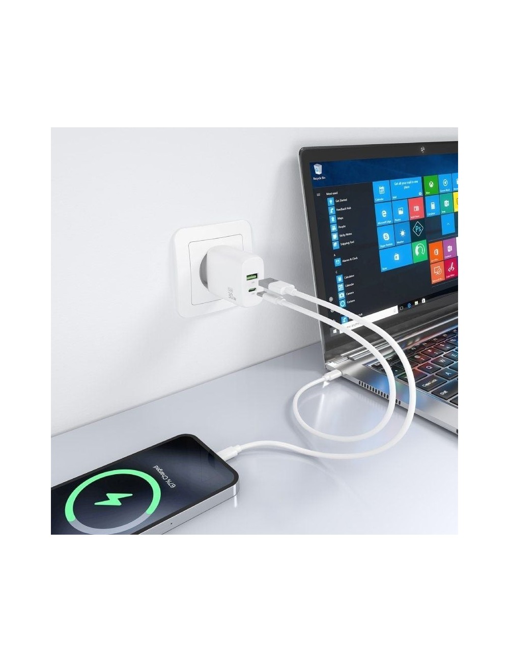 Cargador de Pared GaN Aisens A110-0923/ 1xUSB Tipo-C/ 1xUSB/ 30W/ Blanco