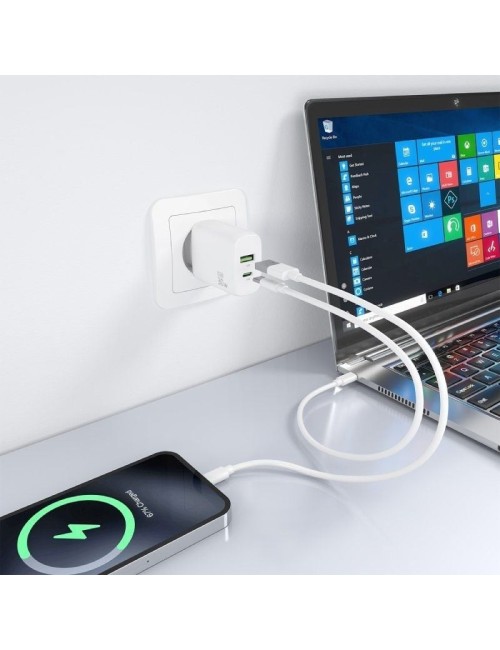 Cargador de Pared GaN Aisens A110-0923/ 1xUSB Tipo-C/ 1xUSB/ 30W/ Blanco