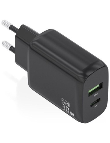 Cargador de Pared GaN Aisens A110-0924/ 1xUSB Tipo-C/ 1xUSB/ 30W/ Negro