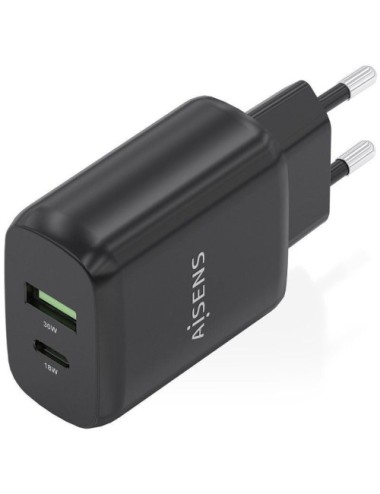 Cargador de Pared GaN Aisens A110-0924/ 1xUSB Tipo-C/ 1xUSB/ 30W/ Negro