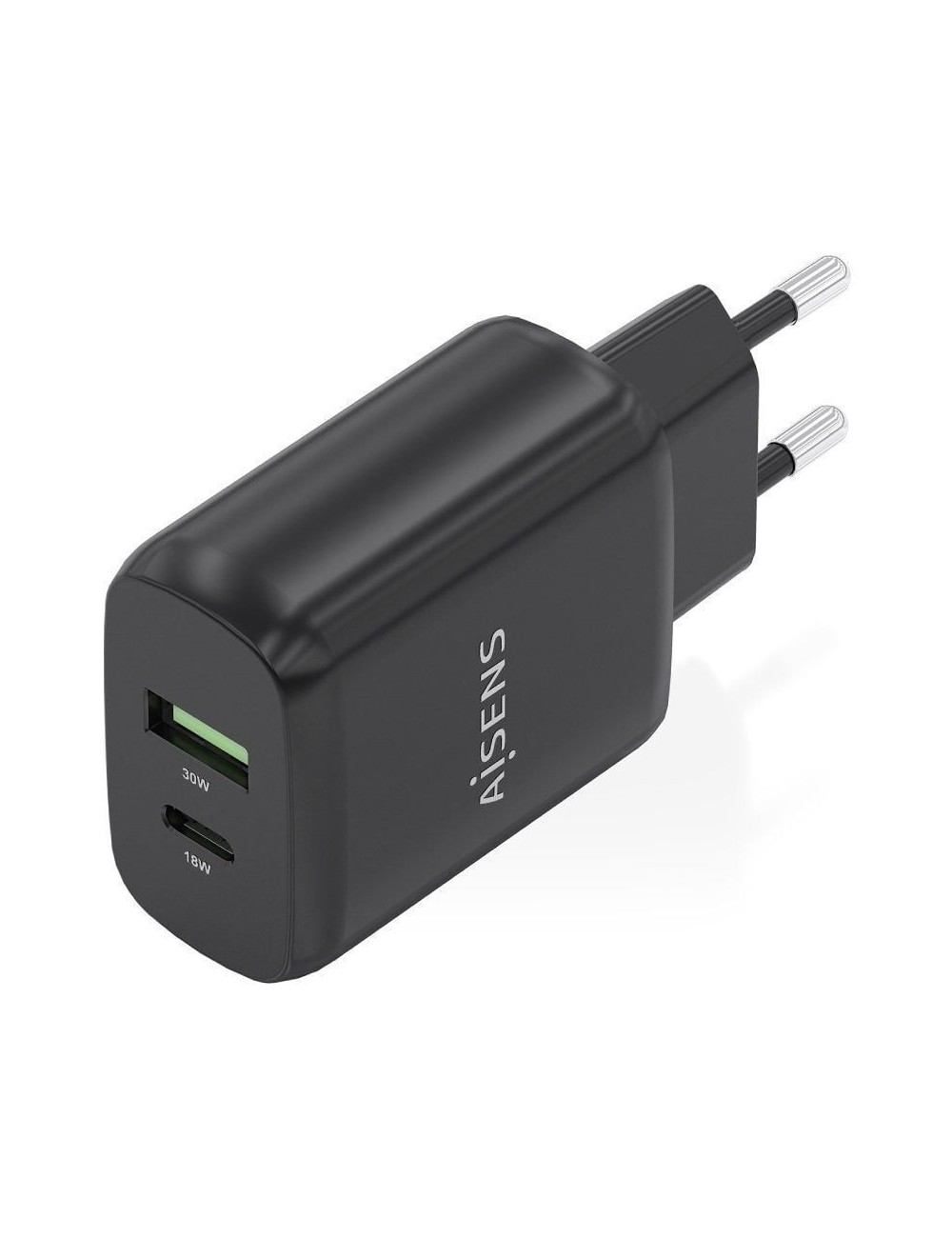 Cargador de Pared GaN Aisens A110-0924/ 1xUSB Tipo-C/ 1xUSB/ 30W/ Negro