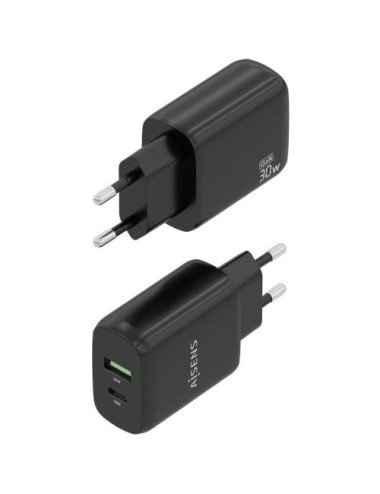 Cargador de Pared GaN Aisens A110-0924/ 1xUSB Tipo-C/ 1xUSB/ 30W/ Negro