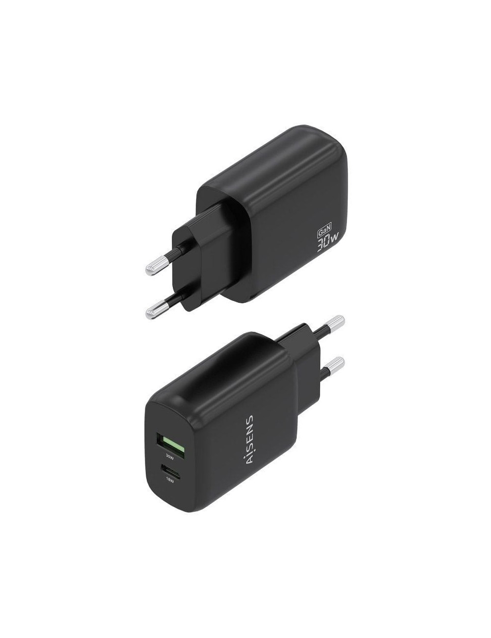 Cargador de Pared GaN Aisens A110-0924/ 1xUSB Tipo-C/ 1xUSB/ 30W/ Negro