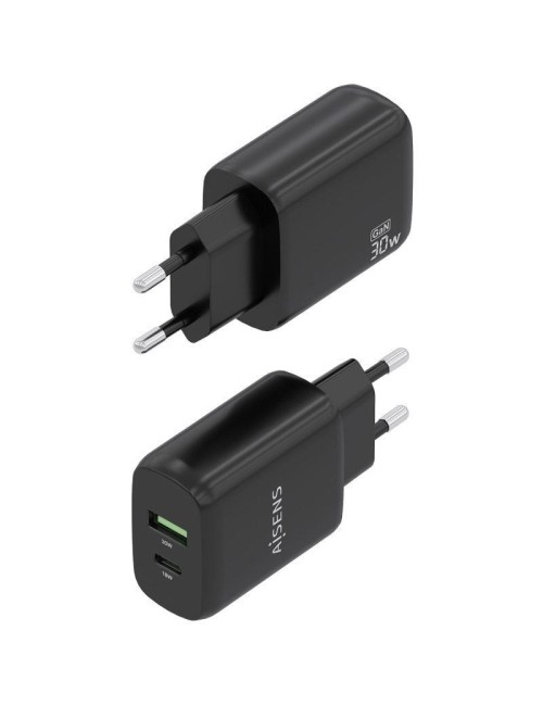 Cargador de Pared GaN Aisens A110-0924/ 1xUSB Tipo-C/ 1xUSB/ 30W/ Negro