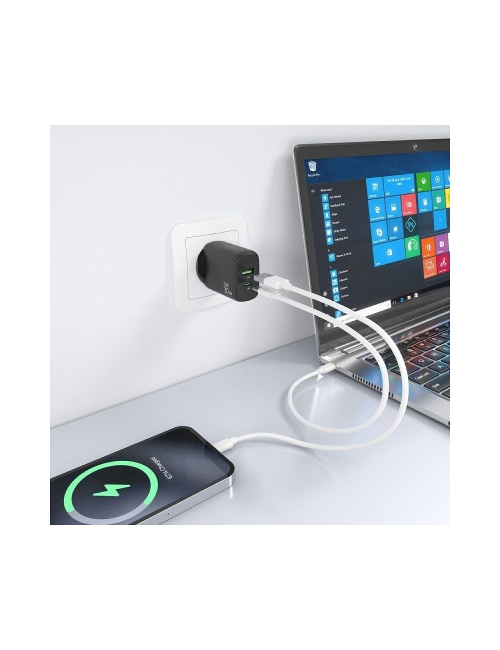 Cargador de Pared GaN Aisens A110-0924/ 1xUSB Tipo-C/ 1xUSB/ 30W/ Negro