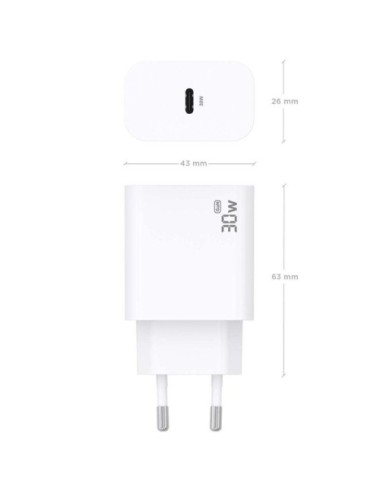 Cargador de Pared GaN Aisens A110-0940/ 1xUSB Tipo-C/ 30W/ Blanco