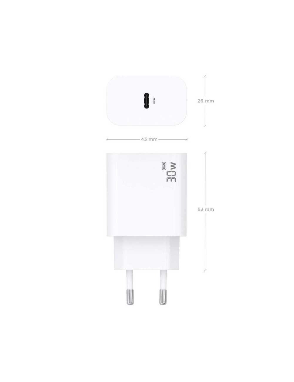 Cargador de Pared GaN Aisens A110-0940/ 1xUSB Tipo-C/ 30W/ Blanco