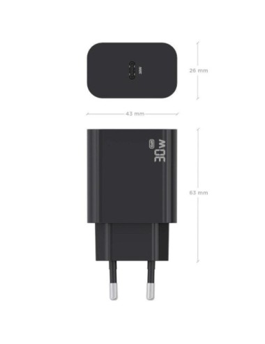 Cargador de Pared GaN Aisens A110-0941/ 1xUSB Tipo-C/ 30W/ Negro