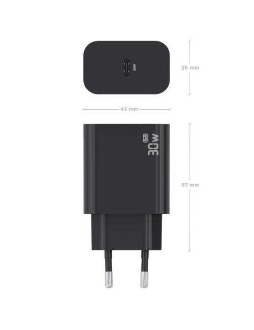 Cargador de Pared GaN Aisens A110-0941/ 1xUSB Tipo-C/ 30W/ Negro