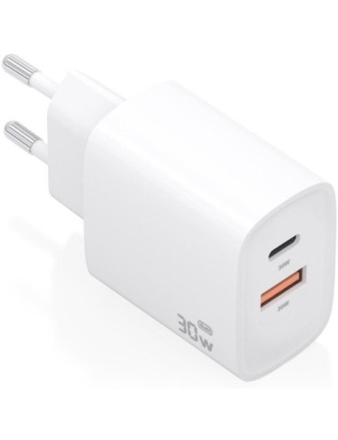 Cargador de Pared GaN Aisens A110-0952/ 1xUSB Tipo-C/ 1xUSB/ 30W/ Blanco