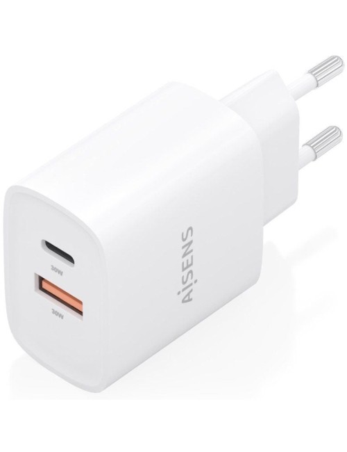 Cargador de Pared GaN Aisens A110-0952/ 1xUSB Tipo-C/ 1xUSB/ 30W/ Blanco