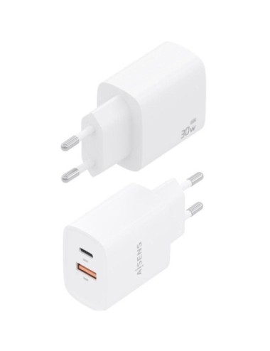 Cargador de Pared GaN Aisens A110-0952/ 1xUSB Tipo-C/ 1xUSB/ 30W/ Blanco