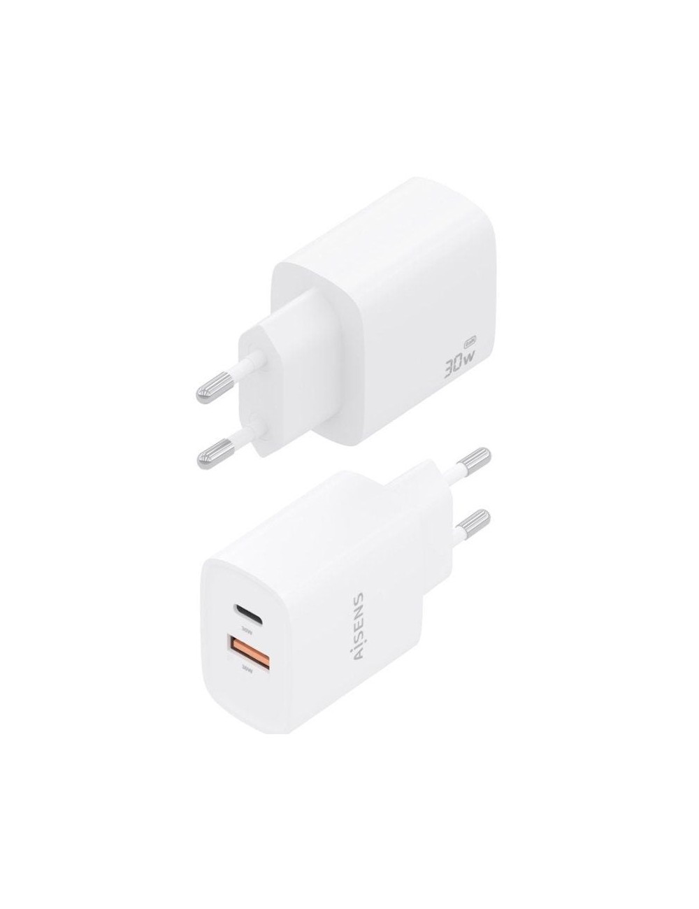 Cargador de Pared GaN Aisens A110-0952/ 1xUSB Tipo-C/ 1xUSB/ 30W/ Blanco