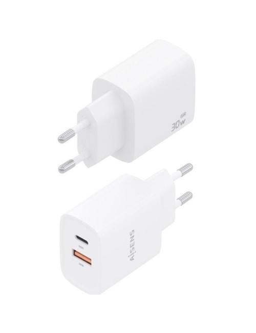 Cargador de Pared GaN Aisens A110-0952/ 1xUSB Tipo-C/ 1xUSB/ 30W/ Blanco