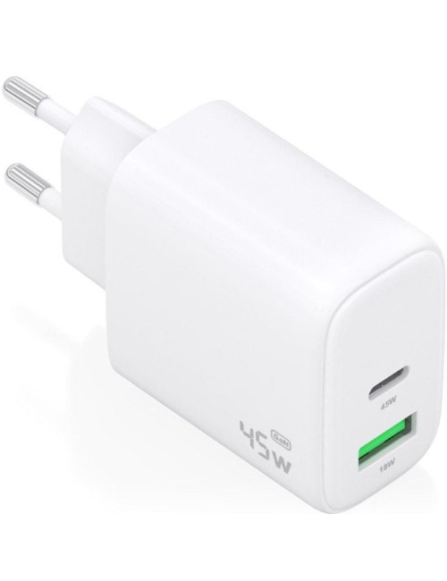 Cargador de Pared GaN Aisens A110-0971/ 1xUSB Tipo-C/ 1xUSB/ 45W/ Blanco