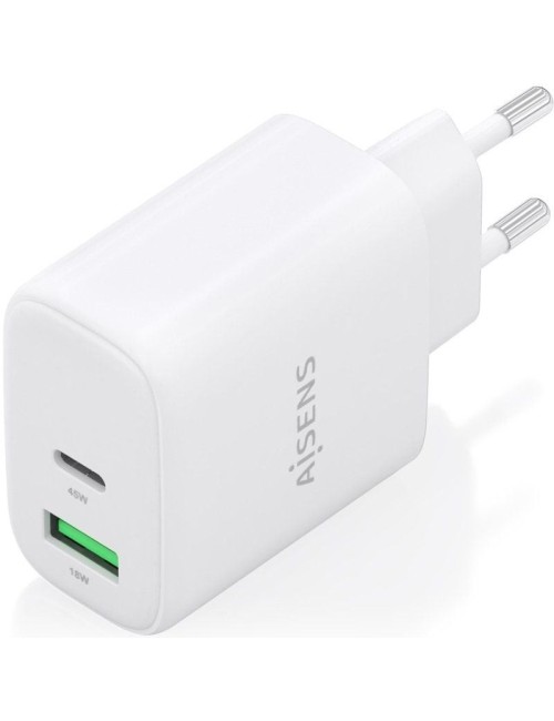 Cargador de Pared GaN Aisens A110-0971/ 1xUSB Tipo-C/ 1xUSB/ 45W/ Blanco