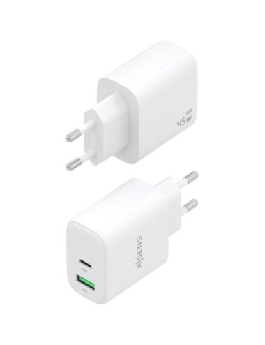 Cargador de Pared GaN Aisens A110-0971/ 1xUSB Tipo-C/ 1xUSB/ 45W/ Blanco