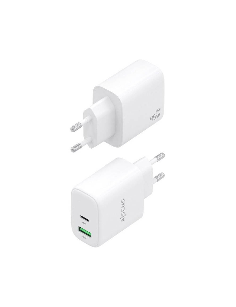 Cargador de Pared GaN Aisens A110-0971/ 1xUSB Tipo-C/ 1xUSB/ 45W/ Blanco