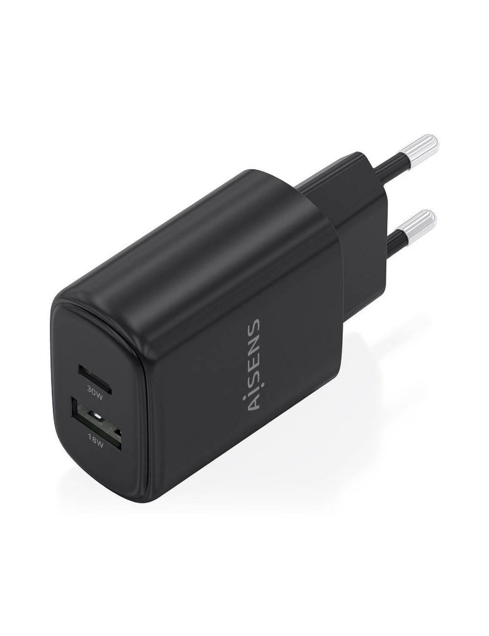 Cargador de Pared GaN Aisens A110-0978/ 1xUSB Tipo-C/ 1xUSB/ 30W/ Negro