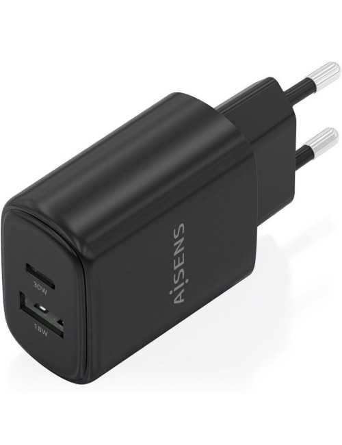 Cargador de Pared GaN Aisens A110-0978/ 1xUSB Tipo-C/ 1xUSB/ 30W/ Negro