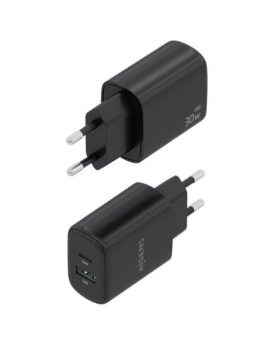 Cargador de Pared GaN Aisens A110-0978/ 1xUSB Tipo-C/ 1xUSB/ 30W/ Negro