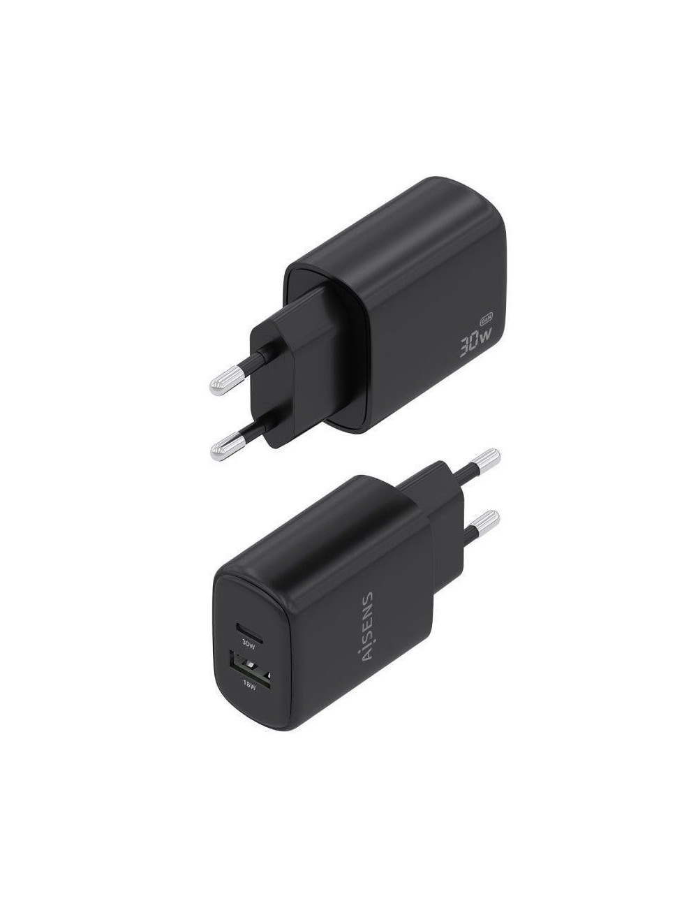 Cargador de Pared GaN Aisens A110-0978/ 1xUSB Tipo-C/ 1xUSB/ 30W/ Negro