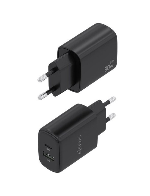 Cargador de Pared GaN Aisens A110-0978/ 1xUSB Tipo-C/ 1xUSB/ 30W/ Negro