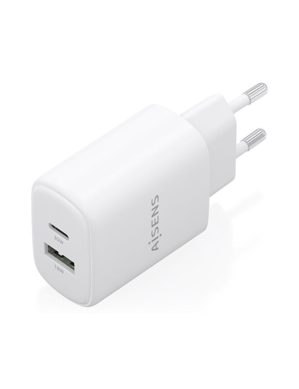 Cargador de Pared GaN Aisens A110-0977/ 1xUSB Tipo-C/ 1xUSB/ 30W/ Blanco