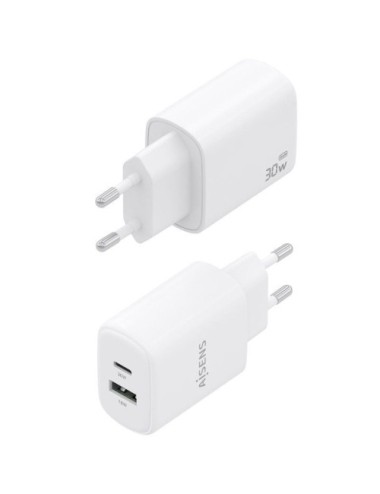 Cargador de Pared GaN Aisens A110-0977/ 1xUSB Tipo-C/ 1xUSB/ 30W/ Blanco