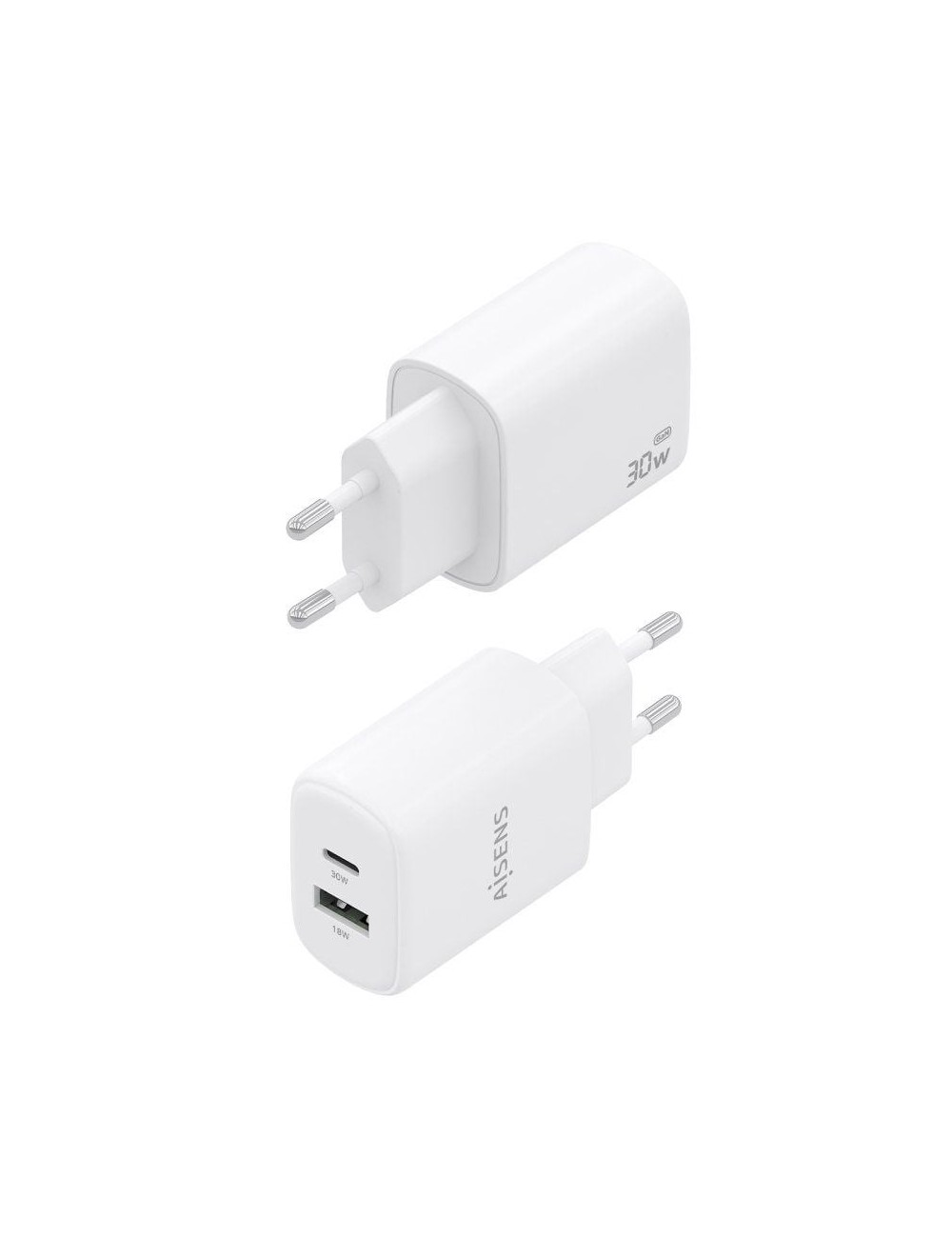 Cargador de Pared GaN Aisens A110-0977/ 1xUSB Tipo-C/ 1xUSB/ 30W/ Blanco