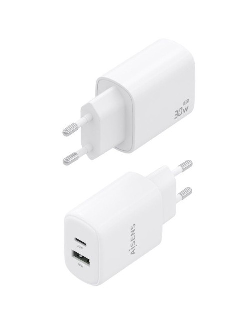 Cargador de Pared GaN Aisens A110-0977/ 1xUSB Tipo-C/ 1xUSB/ 30W/ Blanco