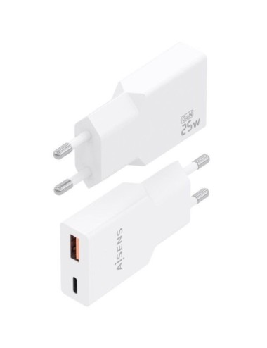 Cargador de Pared GaN Aisens A110-1000/ 1xUSB Tipo-C/ 1xUSB/ 25W/ Blanco