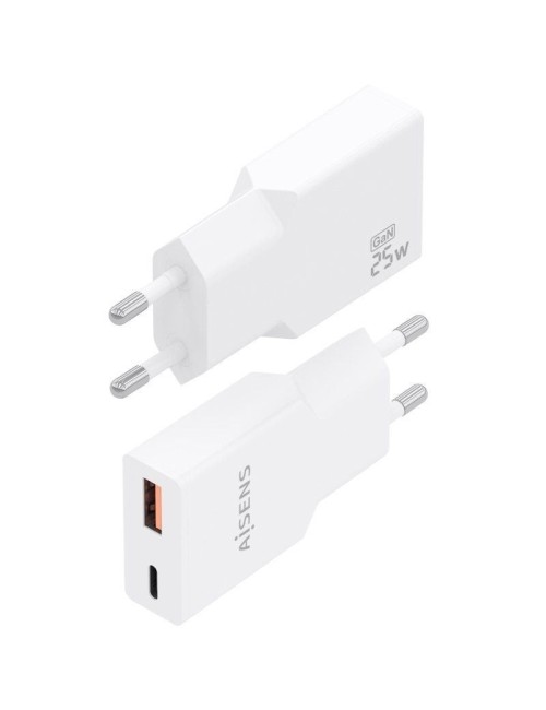 Cargador de Pared GaN Aisens A110-1000/ 1xUSB Tipo-C/ 1xUSB/ 25W/ Blanco