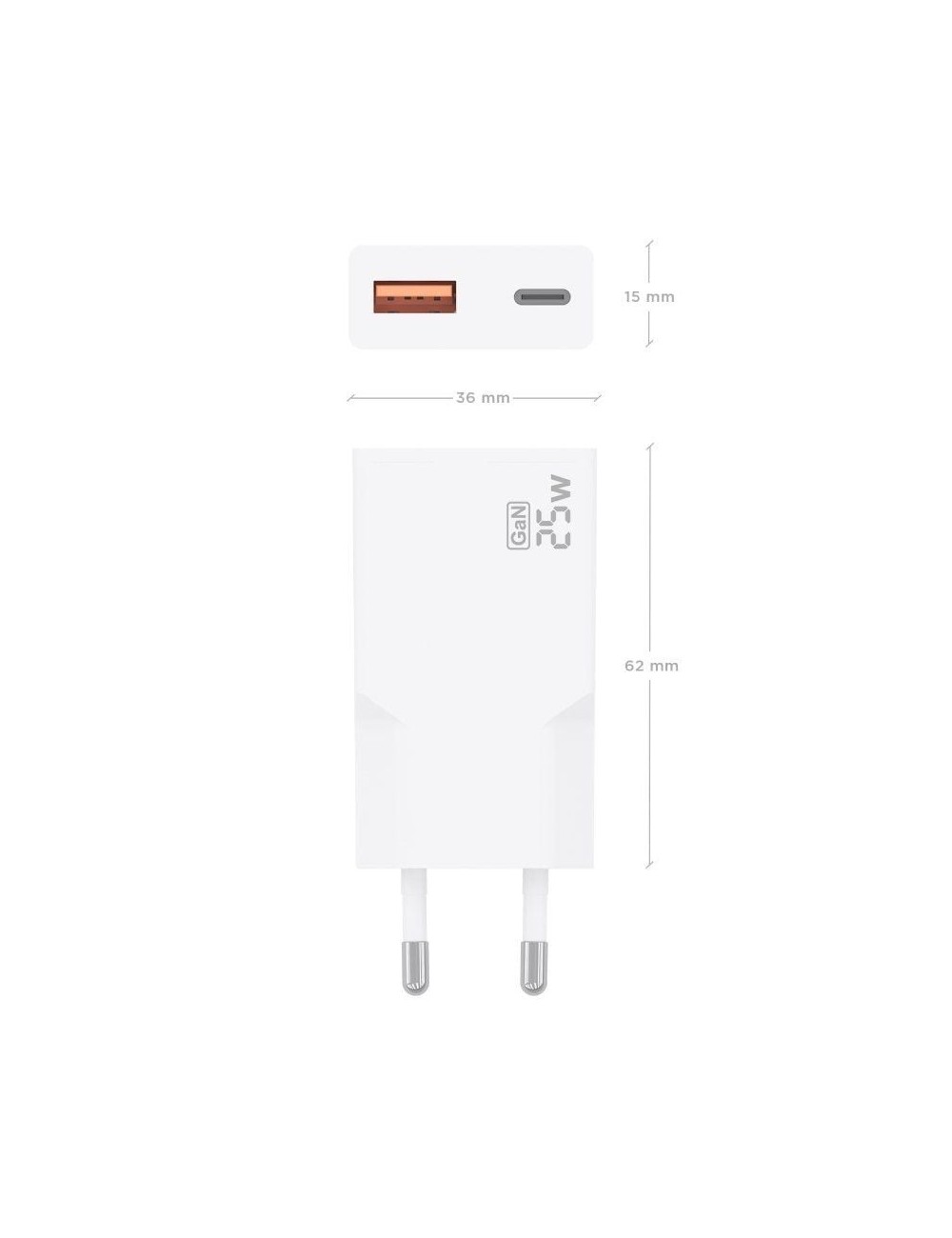 Cargador de Pared GaN Aisens A110-1000/ 1xUSB Tipo-C/ 1xUSB/ 25W/ Blanco