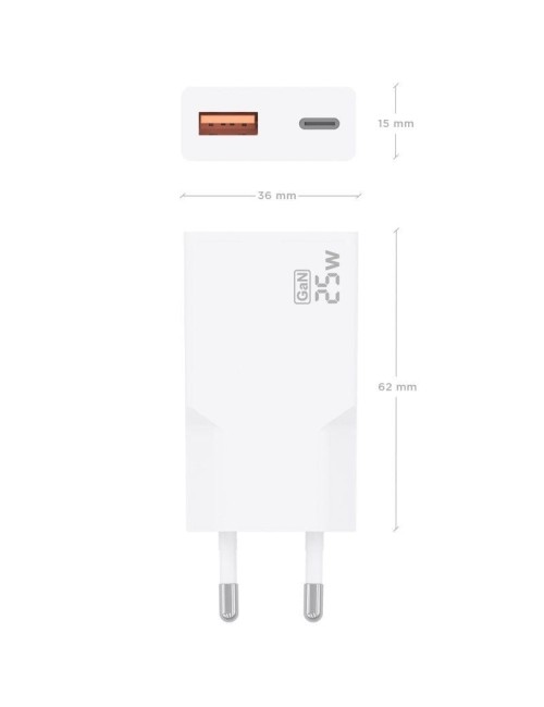Cargador de Pared GaN Aisens A110-1000/ 1xUSB Tipo-C/ 1xUSB/ 25W/ Blanco