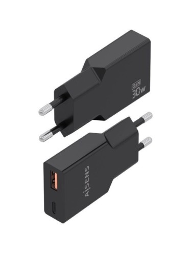 Cargador de Pared GaN Aisens A110-1005/ 1xUSB Tipo-C/ 1xUSB/ 30W/ Negro