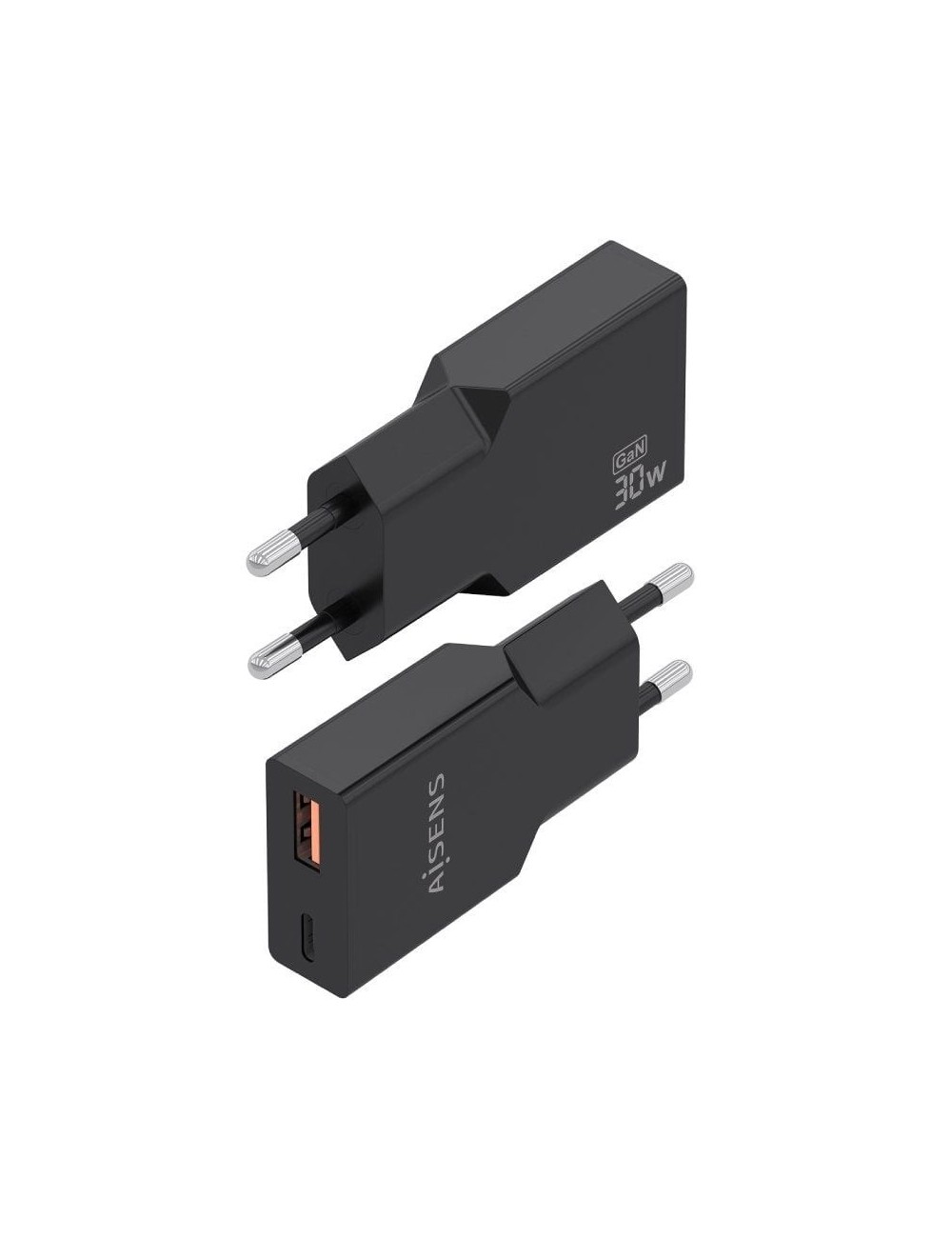 Cargador de Pared GaN Aisens A110-1005/ 1xUSB Tipo-C/ 1xUSB/ 30W/ Negro