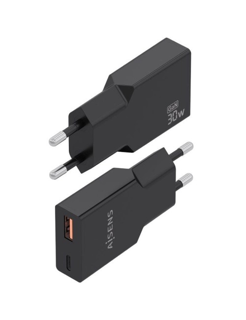 Cargador de Pared GaN Aisens A110-1005/ 1xUSB Tipo-C/ 1xUSB/ 30W/ Negro