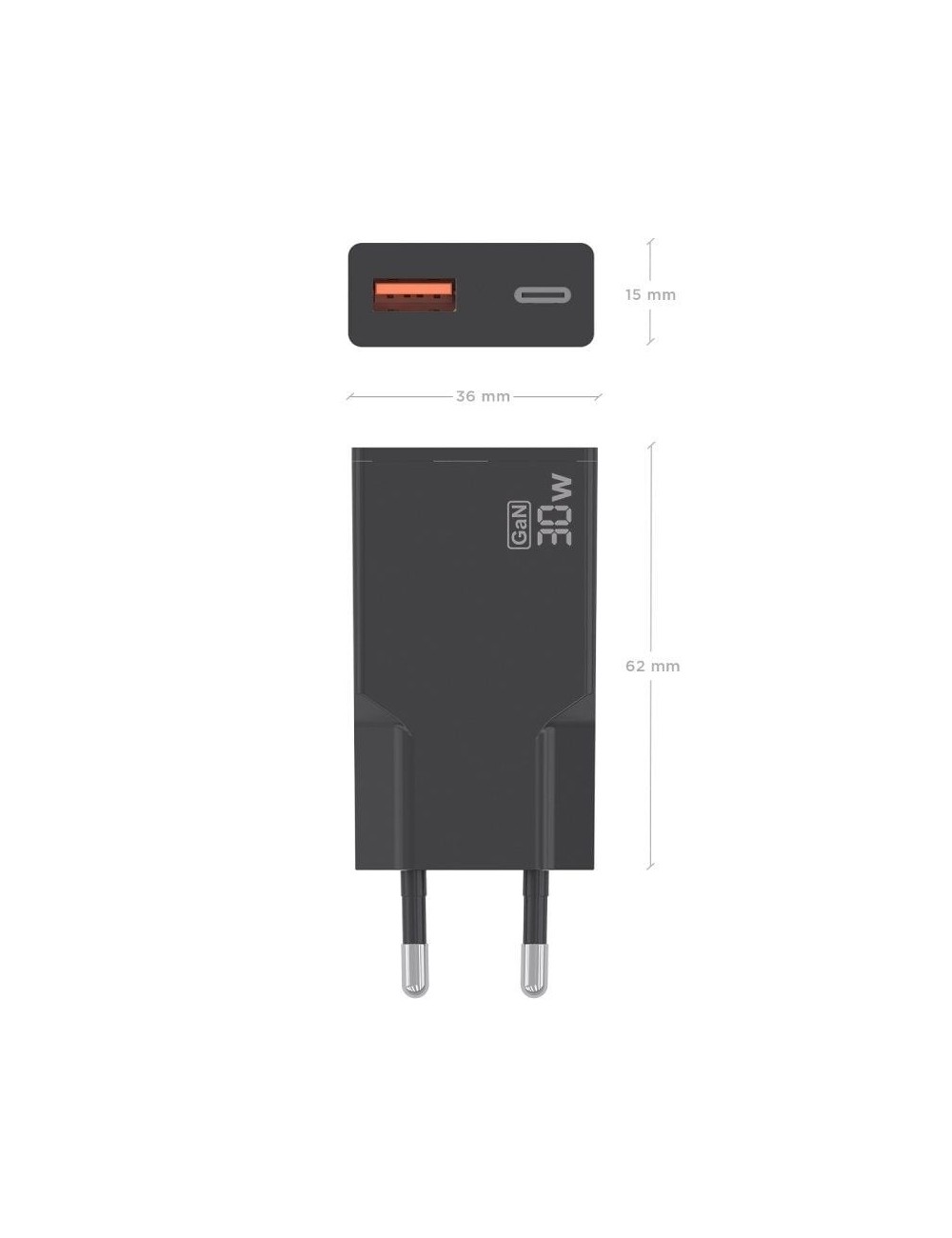 Cargador de Pared GaN Aisens A110-1005/ 1xUSB Tipo-C/ 1xUSB/ 30W/ Negro