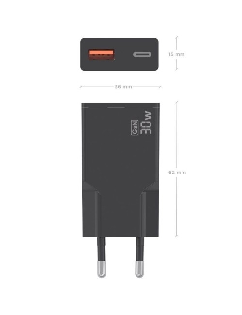 Cargador de Pared GaN Aisens A110-1005/ 1xUSB Tipo-C/ 1xUSB/ 30W/ Negro