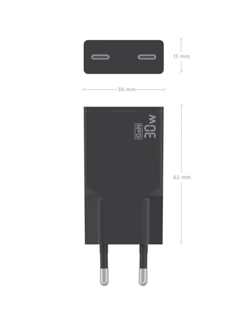 Cargador de Pared GaN Aisens A110-1006/ 2xUSB Tipo-C/ 30W/ Negro