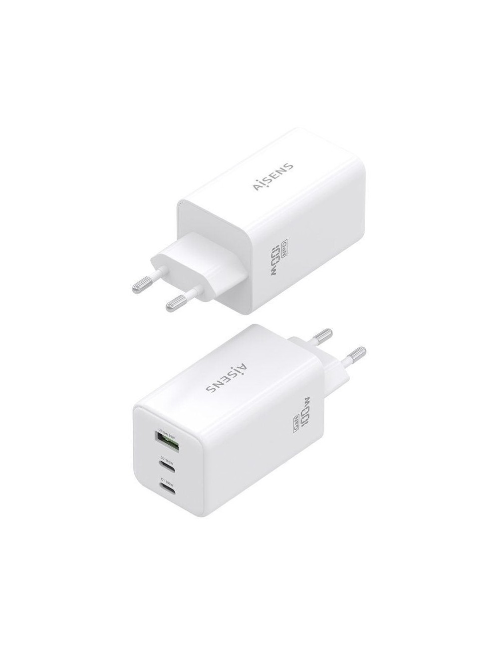 Cargador de Pared GaN Aisens ASCH-100W3P051-W/ 2xUSB Tipo-C/ 1xUSB/ 100W