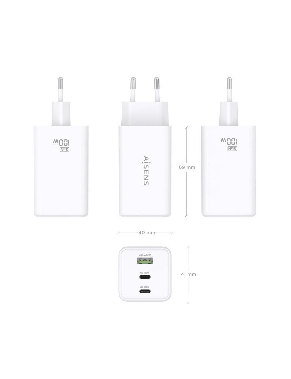 Cargador de Pared GaN Aisens ASCH-100W3P051-W/ 2xUSB Tipo-C/ 1xUSB/ 100W