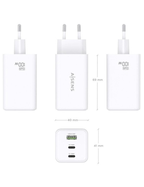 Cargador de Pared GaN Aisens ASCH-100W3P051-W/ 2xUSB Tipo-C/ 1xUSB/ 100W