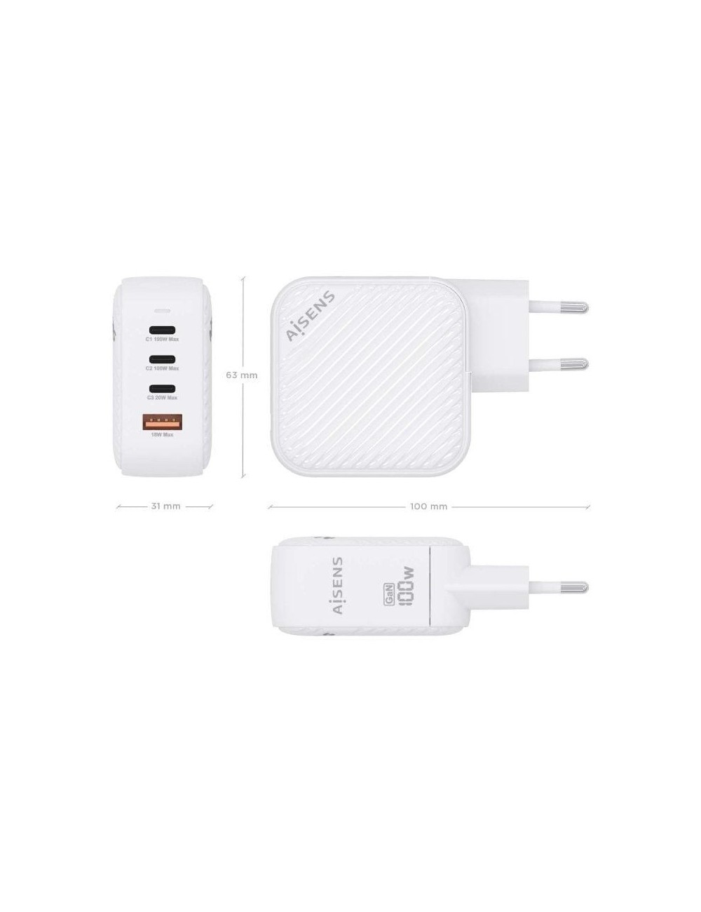 Cargador de Pared GaN Aisens ASCH-100W4P028-W/ 3xUSB Tipo-C/ 1x USB/ 100W