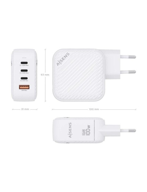Cargador de Pared GaN Aisens ASCH-100W4P028-W/ 3xUSB Tipo-C/ 1x USB/ 100W