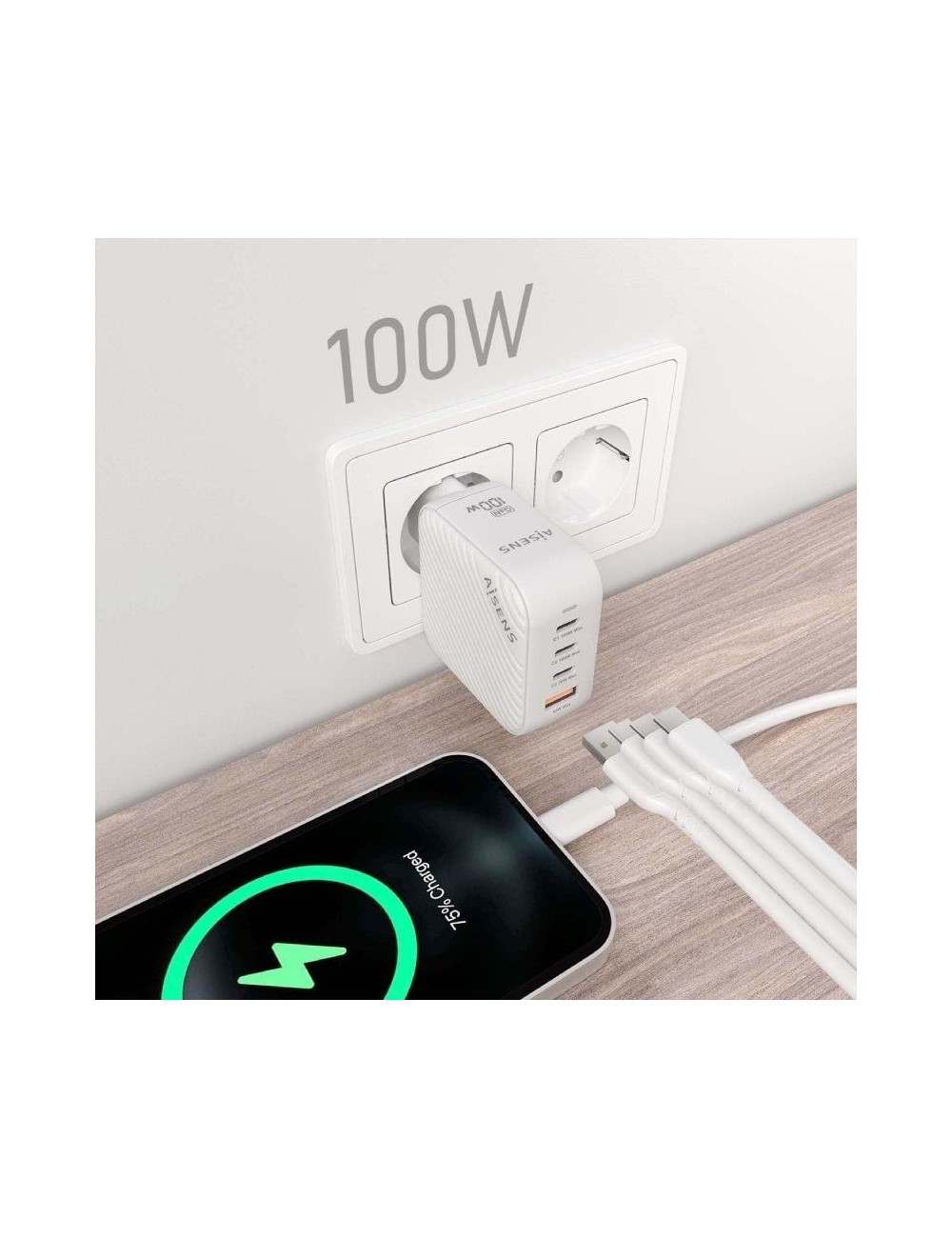 Cargador de Pared GaN Aisens ASCH-100W4P028-W/ 3xUSB Tipo-C/ 1x USB/ 100W