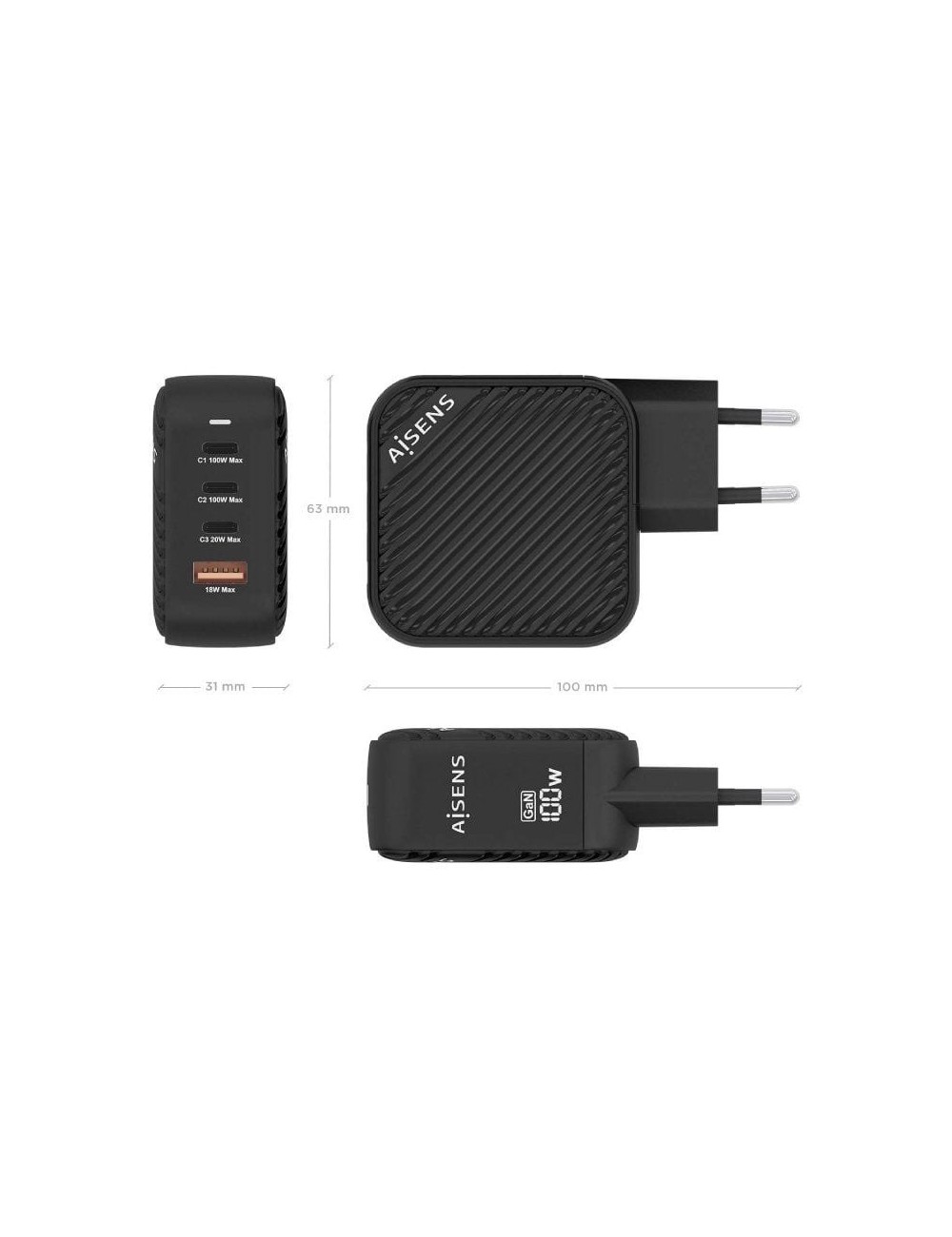 Cargador de Pared GaN Aisens ASCH-100W4P029-BK/ 3xUSB Tipo-C/ 1x USB/ 100W