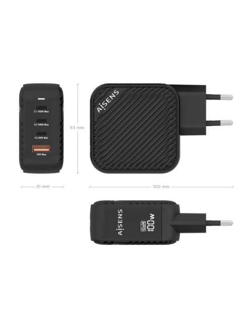 Cargador de Pared GaN Aisens ASCH-100W4P029-BK/ 3xUSB Tipo-C/ 1x USB/ 100W