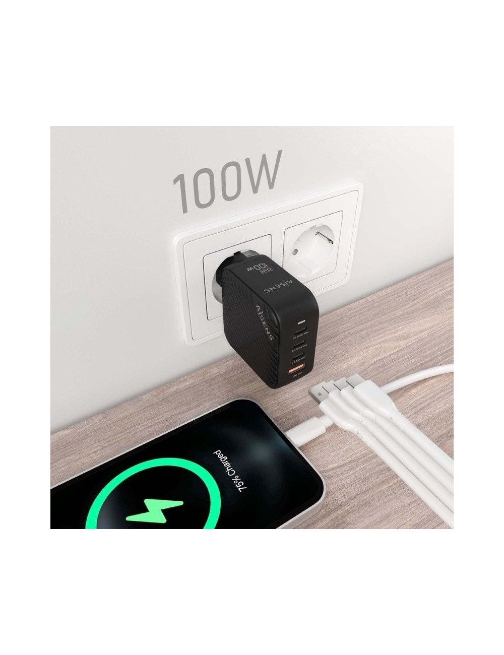 Cargador de Pared GaN Aisens ASCH-100W4P029-BK/ 3xUSB Tipo-C/ 1x USB/ 100W